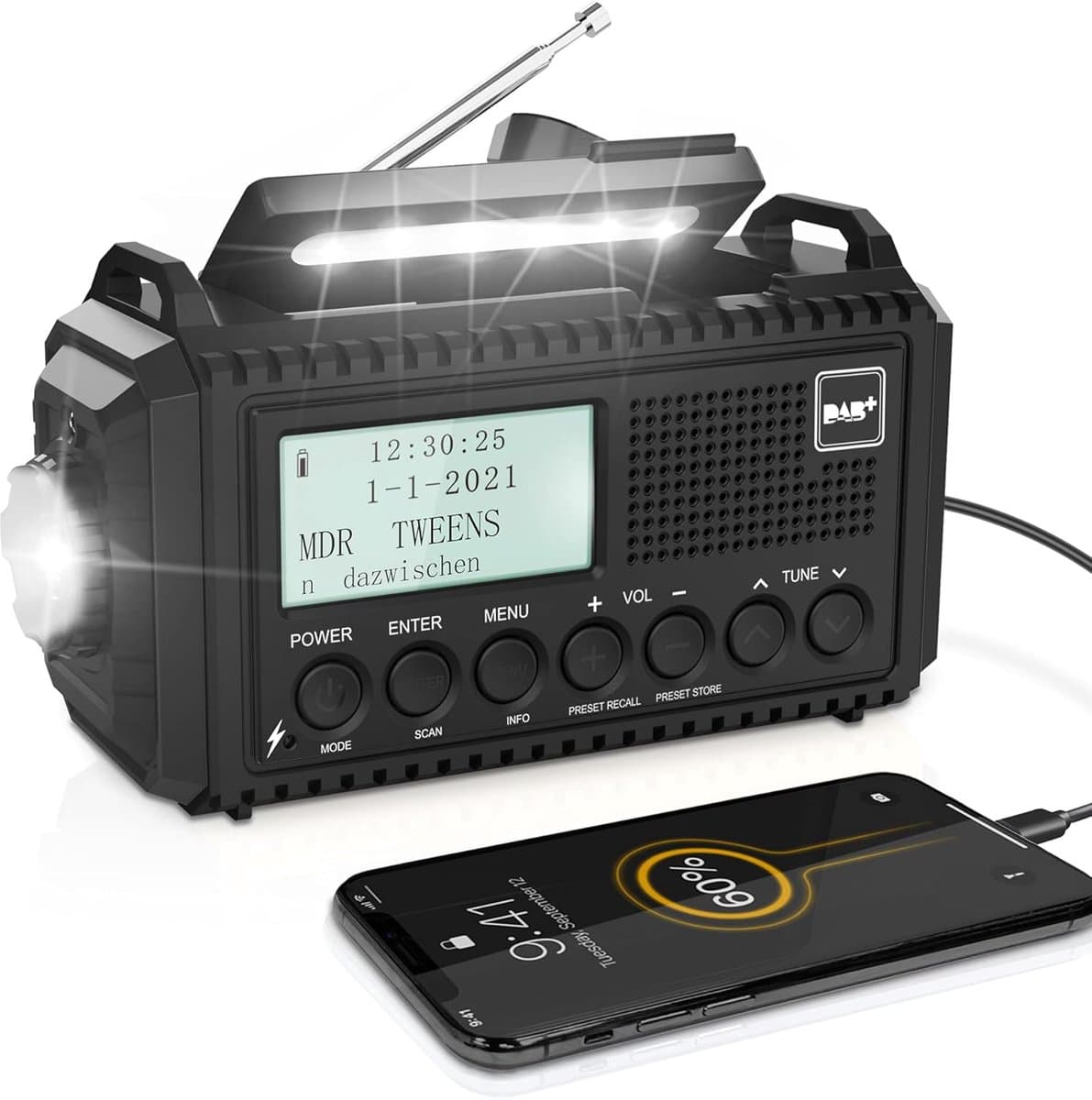 DAB+/DAB/FM Opwindbare Zonne-radio - 5000mAh Digitale Noodradio met LCD Display - Handmatige Dynamo - USB Poort & Koptelefoonaansluiting - LED Zaklamp & Leeslamp - SOS Alarm - Mono/Stereo Geluid - Geschikt voor Kamperen & Hiking - Zwart