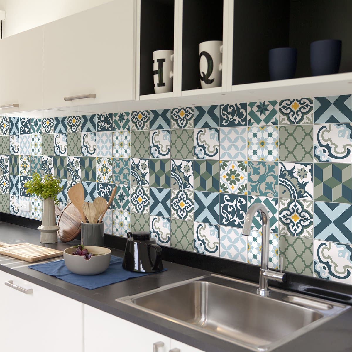 Zelfklevende tegelmuurstickers voor keuken en badkamer - 60 cementtegelstickers, Azulejos Tanza - 60 stickers, 10x10cm