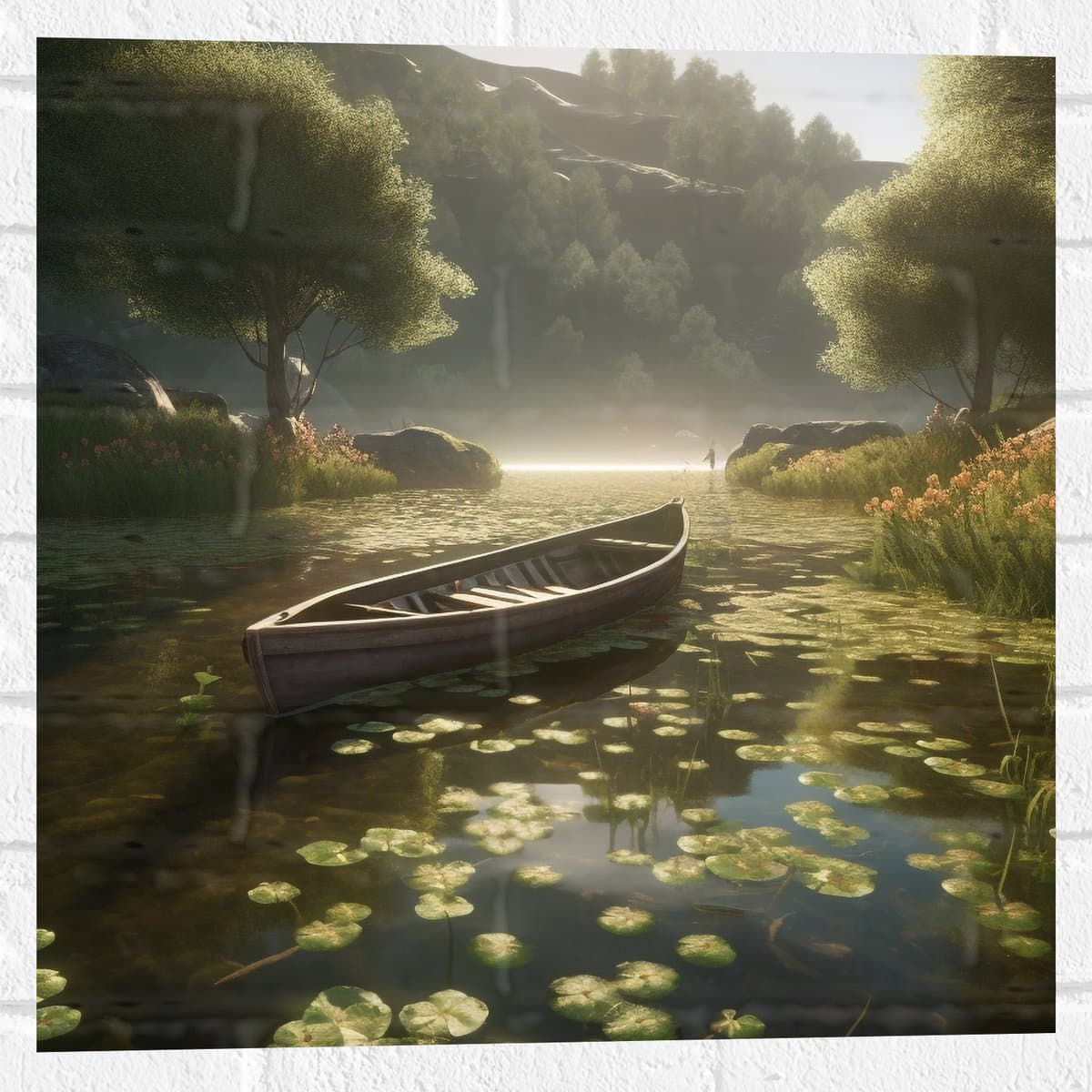 Muursticker - Houten Bootje op het Water tussen de Bomen - 50x50 cm Foto op Muursticker
