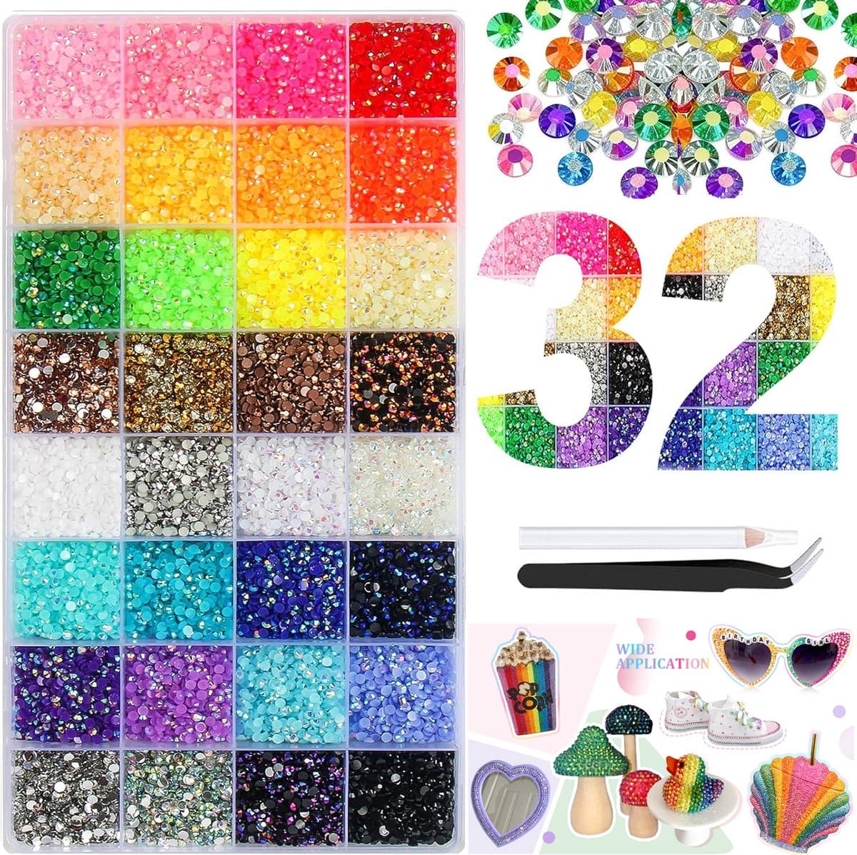 Nail Art Strass Steentjes Set -Hotfix-strass-steentjes - Nail Art Rhinestones 32 Kleuren, 32000 Stuks 3mm Flatback Rhinestones incl. Pincet & Pen - Nagel Decoratie