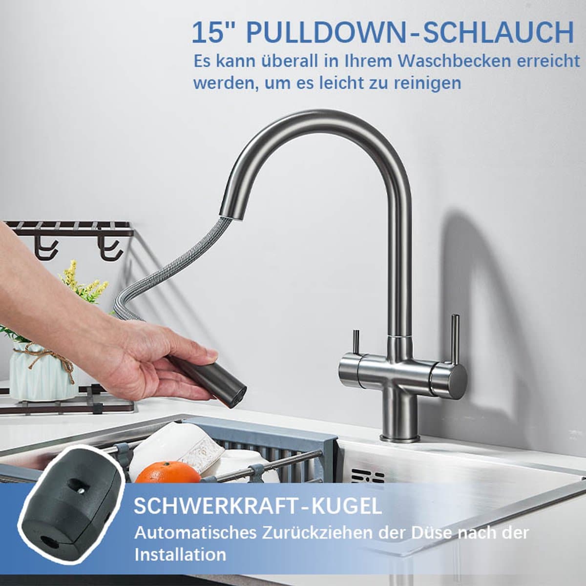 Grijze 3-in-1 Keukenkraan met Drinkwaterfunctie & Uittrekbare Douche - Geborsteld, Geschikt voor Filterwater, RVS