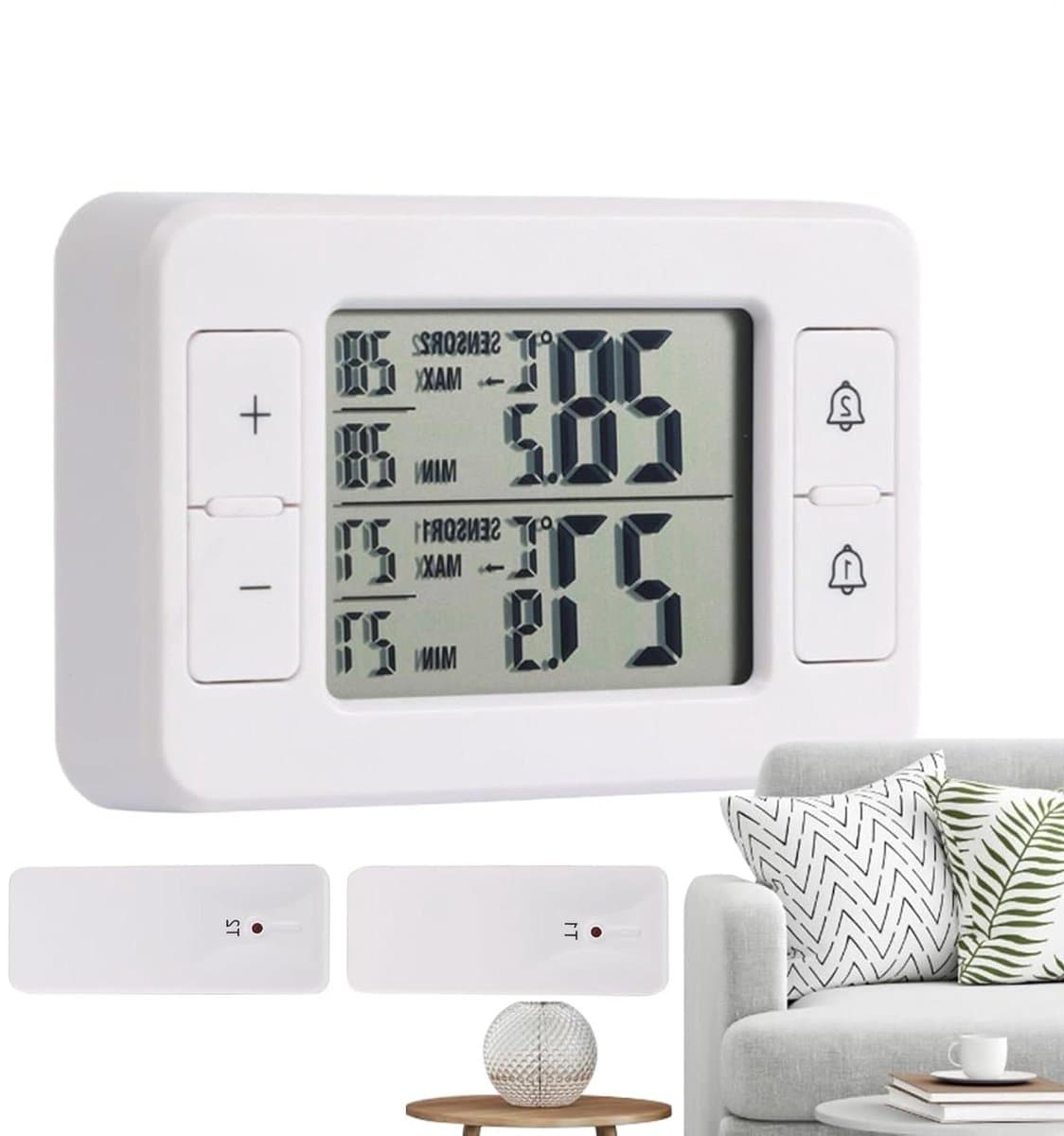 Koelkast Thermometer - Vriezer Monitor - Temperatuur Bewaken - Draadloze Dubbele Sensor - 100 Meter Bereik - Wit
