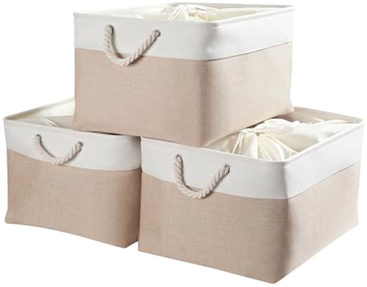 ElleMooi Jumbo Opbergdoos, set van 3 stuks, stoffen opbergmanden met handgrepen - Opvouwbaar - 50 x 40 x 30 cm (LxBxH) - Licht Khaki/Wit