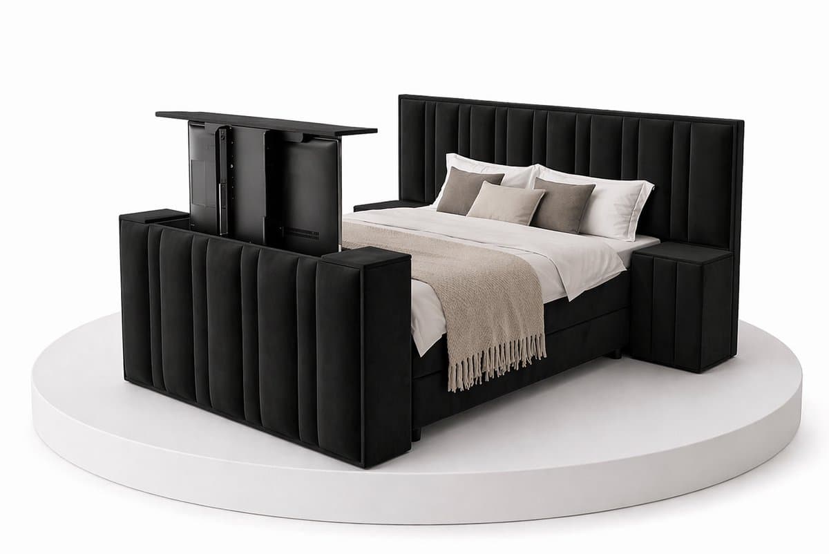 Boxspring CineLux TV-Lift - 200x200 Compleet - Met nachtkastjes - Zwart - BalBedden