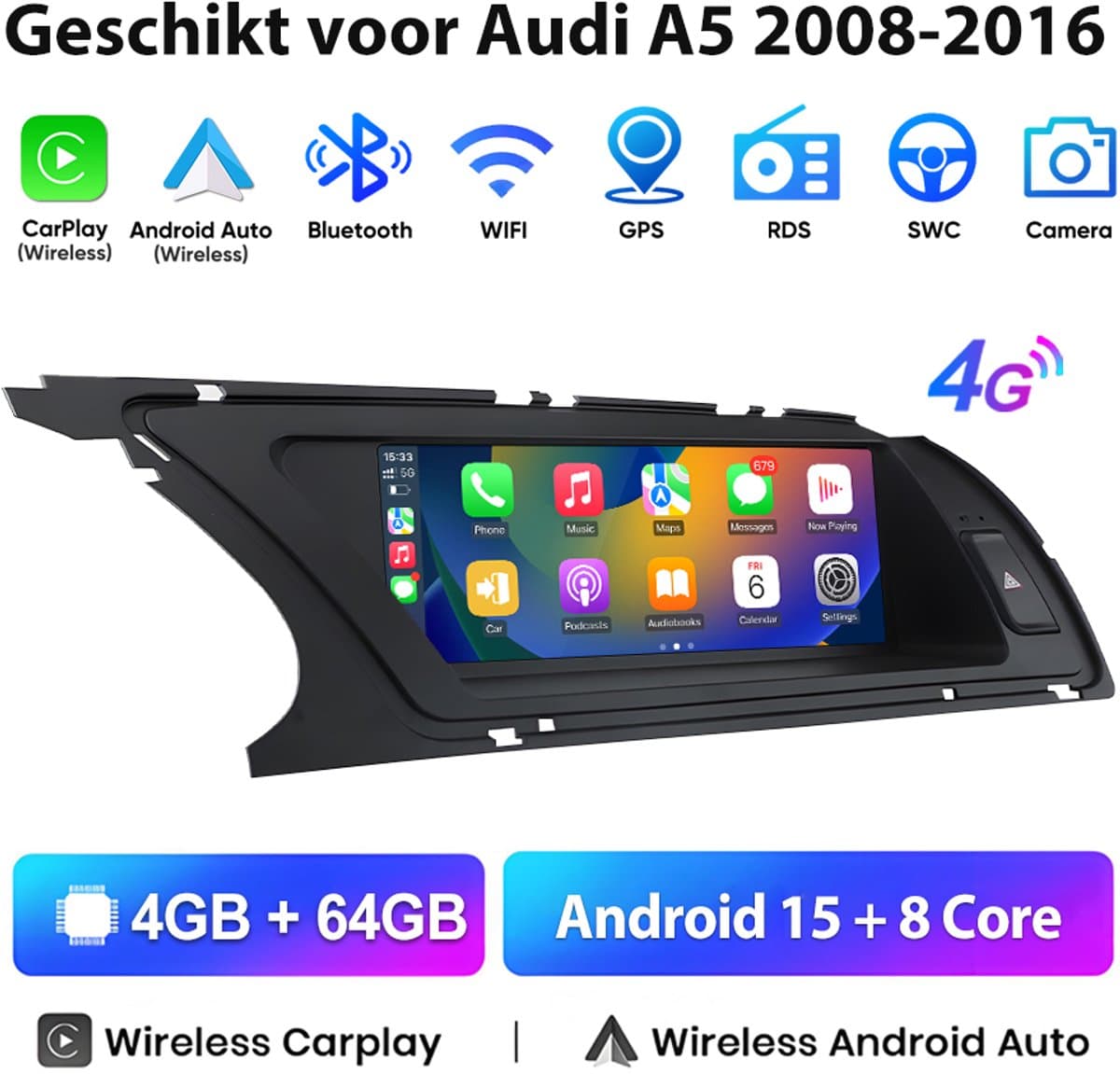 Junsun 8,8 zoll Autoradio Geschikt voor Audi A5 Multimedia 2009-2016 Accessoires, 4GB+64GB, Draadloze CarPlay & Andriod Auto, DAB+, GPS-navigatiesysteem, Bluetooth, Stuurwielbediening, 4G Lte, Octa-core processor