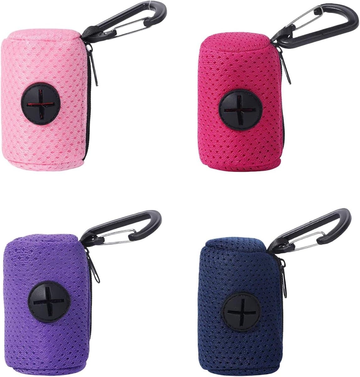 4er Pack Hondenpoepzakjeshouder met praktische ritssluiting en ophangmogelijkheid voor hondenwandelen, hiken, wandelen, netheid, poepzakjeshouder (Roze & Rozenro & donkerblauw & paars)8.4×4.3cm