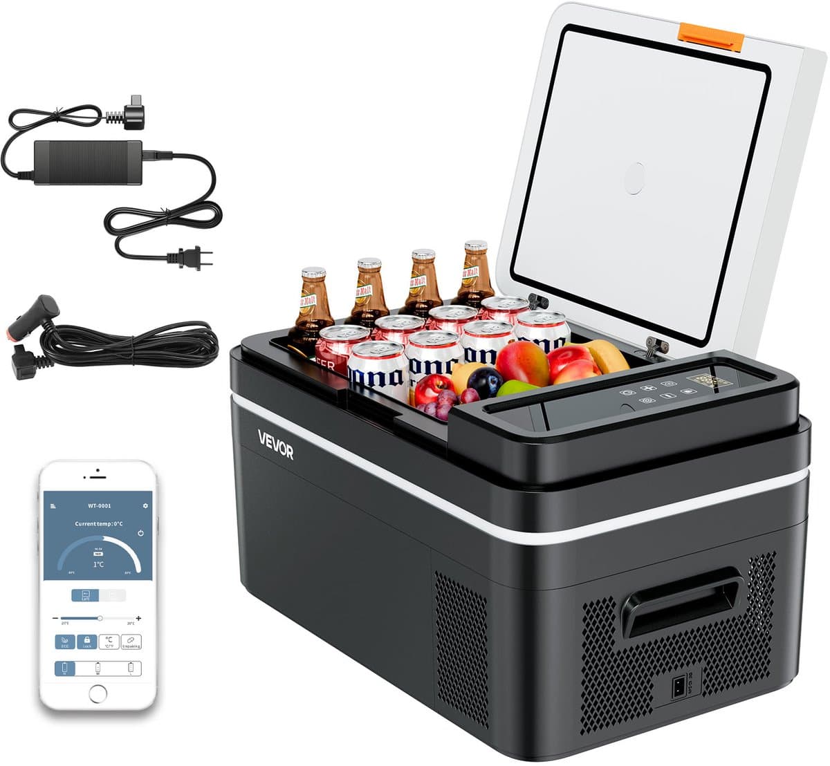 VEVOR Compressor Koelbox 22 L, 12/24v Dc Elektrische Vriezer Met App-Bediening, 100–240v Ac Autokoelkast voor Kamperen, Reizen, Vrachtwagens, Vissen, 45w Thermo-Elektrische Draagbare Koelbox