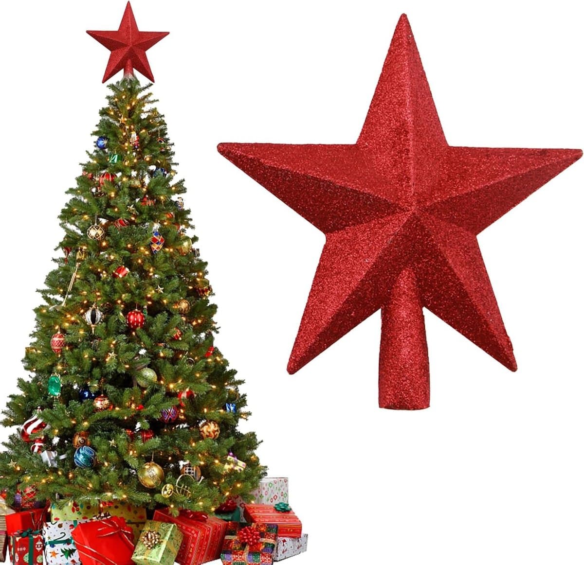 20 cm Glanzende Rode Ster voor Kerstboomdecoratie van Stevig Kunststof - Perfect voor Natuurlijke en Kunstmatige Bomen, Feestelijke Versiering en Kerstsfeer