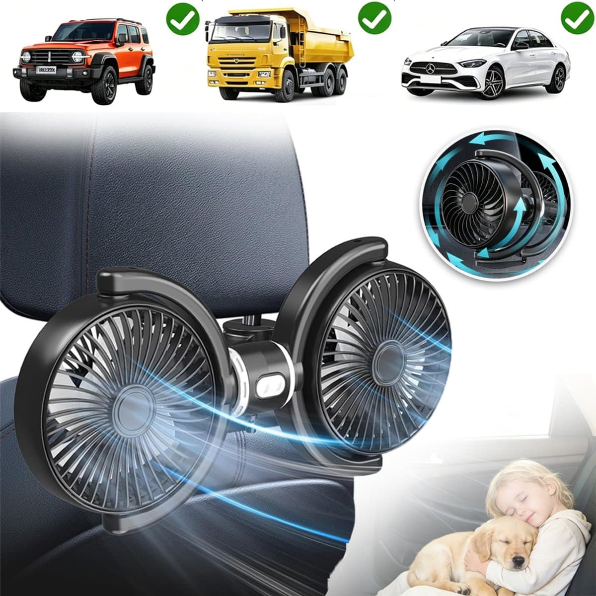 USB-Autoventilator Voor Achterbank Voor Kinderen-Autostoelventilator Met Dubbele Kop-Onafhankelijk Geregeld 360 ° Draaibaar Krachtige 3-Snelheden Hoofdsteun Achterin-Luchtcirculatie Koelventilatoren Voor Suv Vrachtwagen Sedan