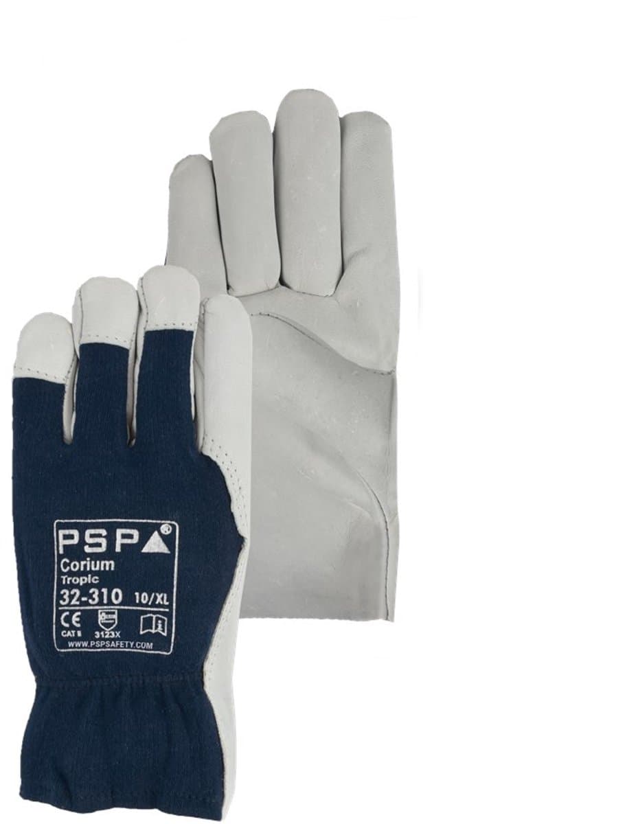 6 paar - Werkhandschoenen PSP 32-310 Corium Tropic, Nappaleer, Blauw / Grijs, maat 07 / S