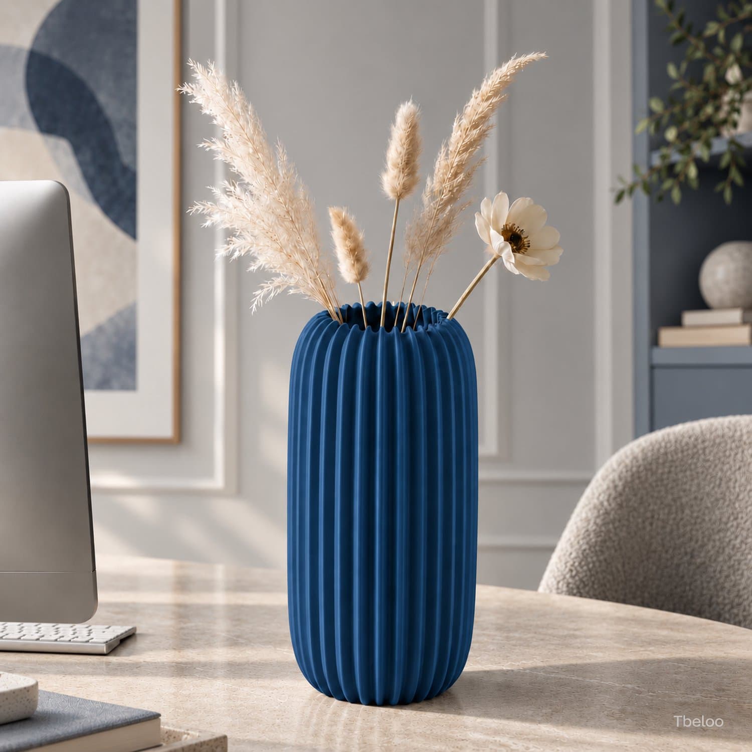 Tbeloo Decoratieve Vaas – Moderne Geribbelde Bloemenvaas – 3D Geprint – Marineblauw – 15 x 7,5 cm