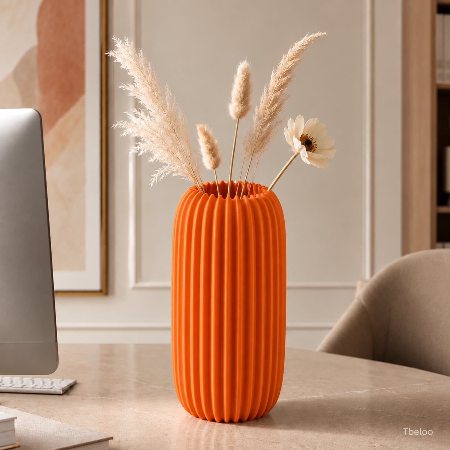Tbeloo Decoratieve Vaas – Moderne Geribbelde Bloemenvaas – 3D Geprint – Pompoenoranje – 15 x 7,5 cm