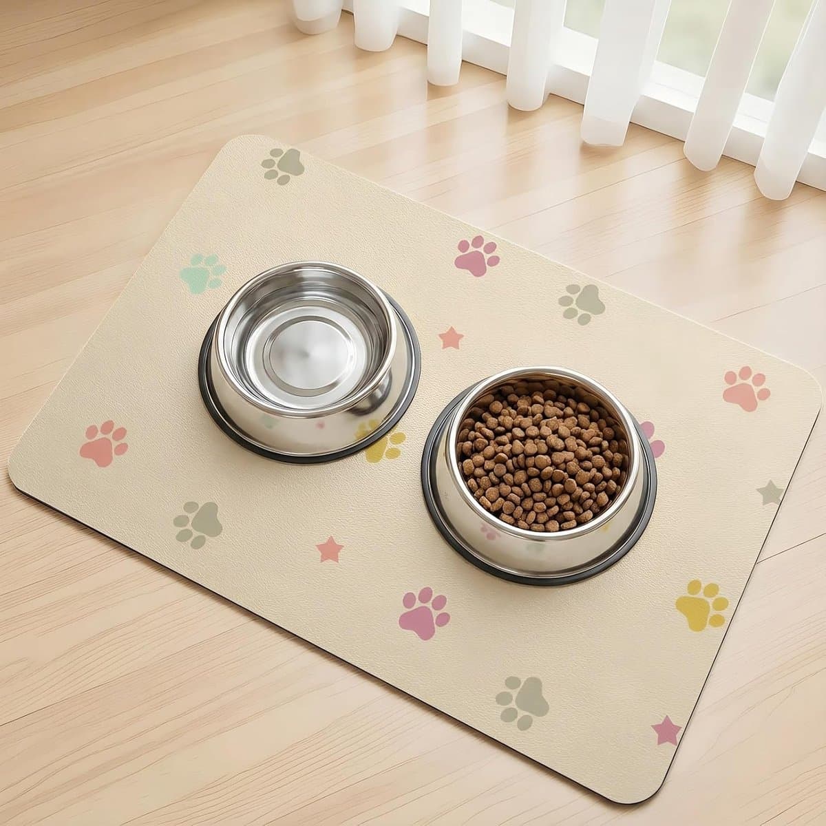Mat Waterabsorberend Kat Honden Mat voor Voer- en Waterbak, Antislip Voermat voor Huisdieren Geen Vlekken Hondenvoermat, Snel Droog (Beige-Star Paws, 40 x 60 cm)