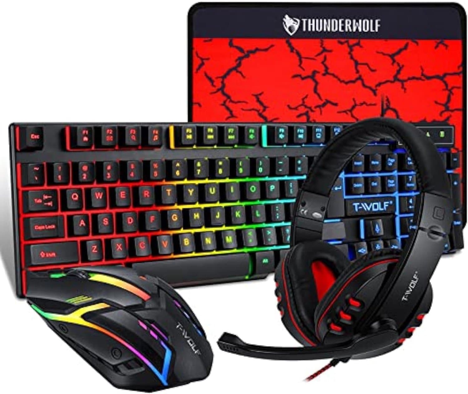 T-WOLF - Game pakket 4-in-1 - Gaming Toetsenbord - Gaming Muis - Headset - Muismat - LED Game Bundel