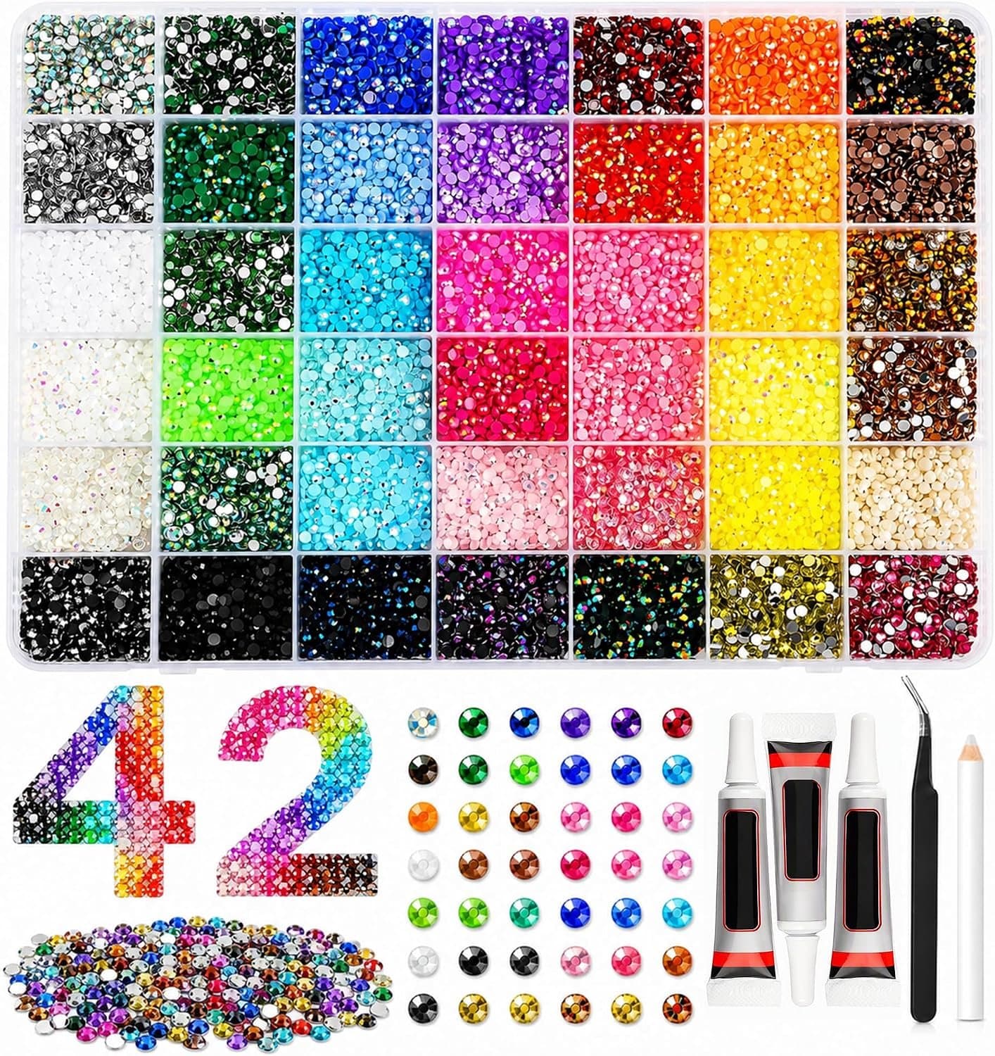 42 kleuren 3 mm glittersteentjes, 32000 stuks strass-steentjes, bedazzling voor nagels, textiel, diamond painting - ShopVlot