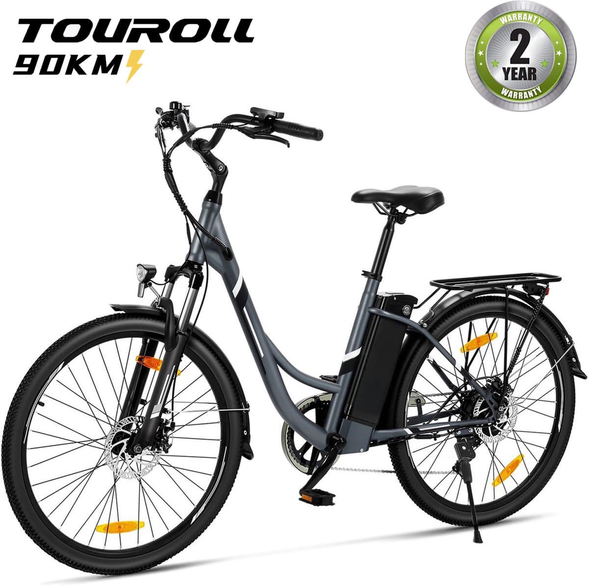 Touroll Bries 1 Pro-Breezi-Stapdoor-E‑Bike-Grijs‑26-Inch‑250W‑90km‑Bereik‑Shimano‑7‑versnellingen‑Schijfremmen‑IPX4