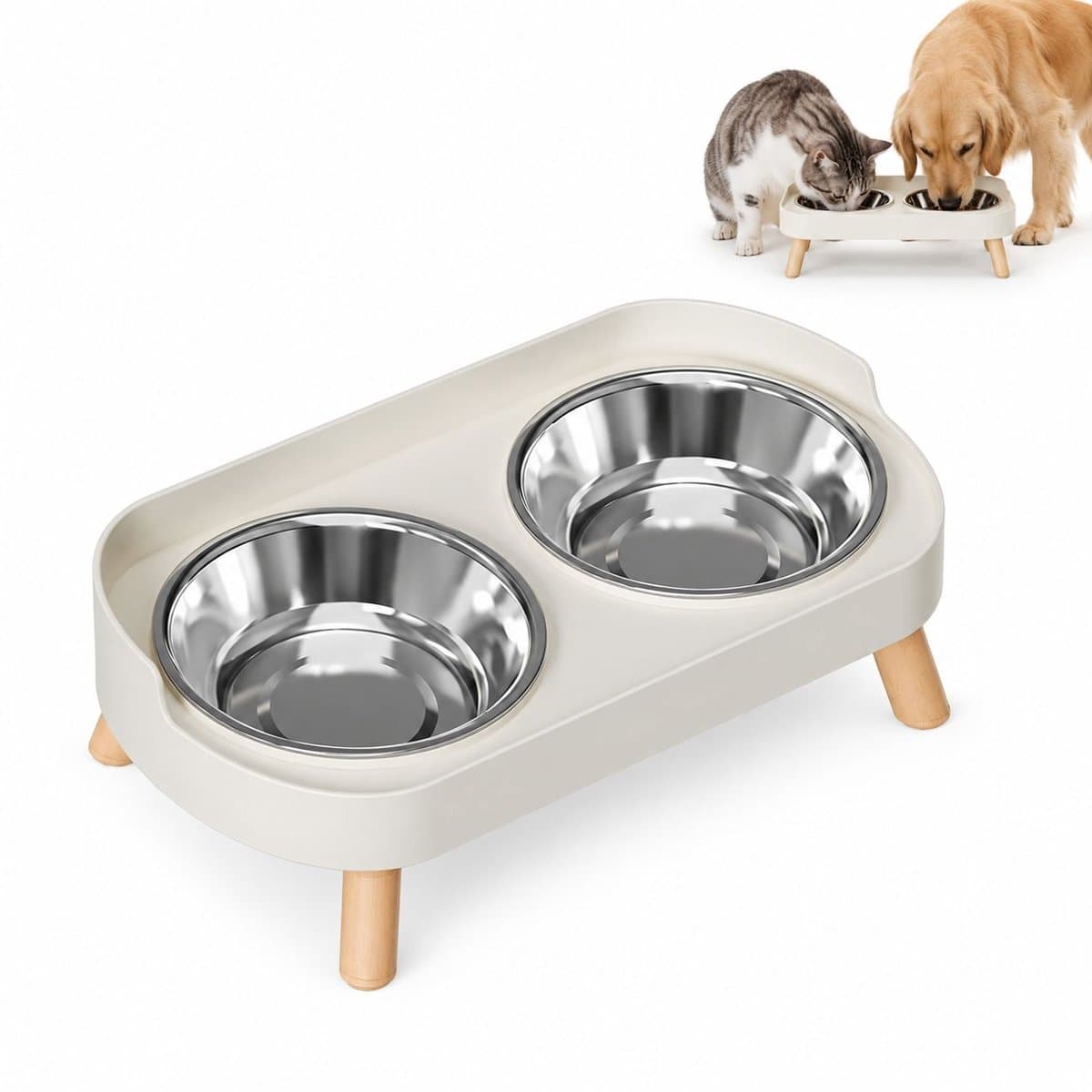 Bobypet -Dubbele Voerbak - Antislip Huisdierenbak - RVS - Geïntegreerde - 32.5x17x10 cm - Voor Katten,honden - Wit