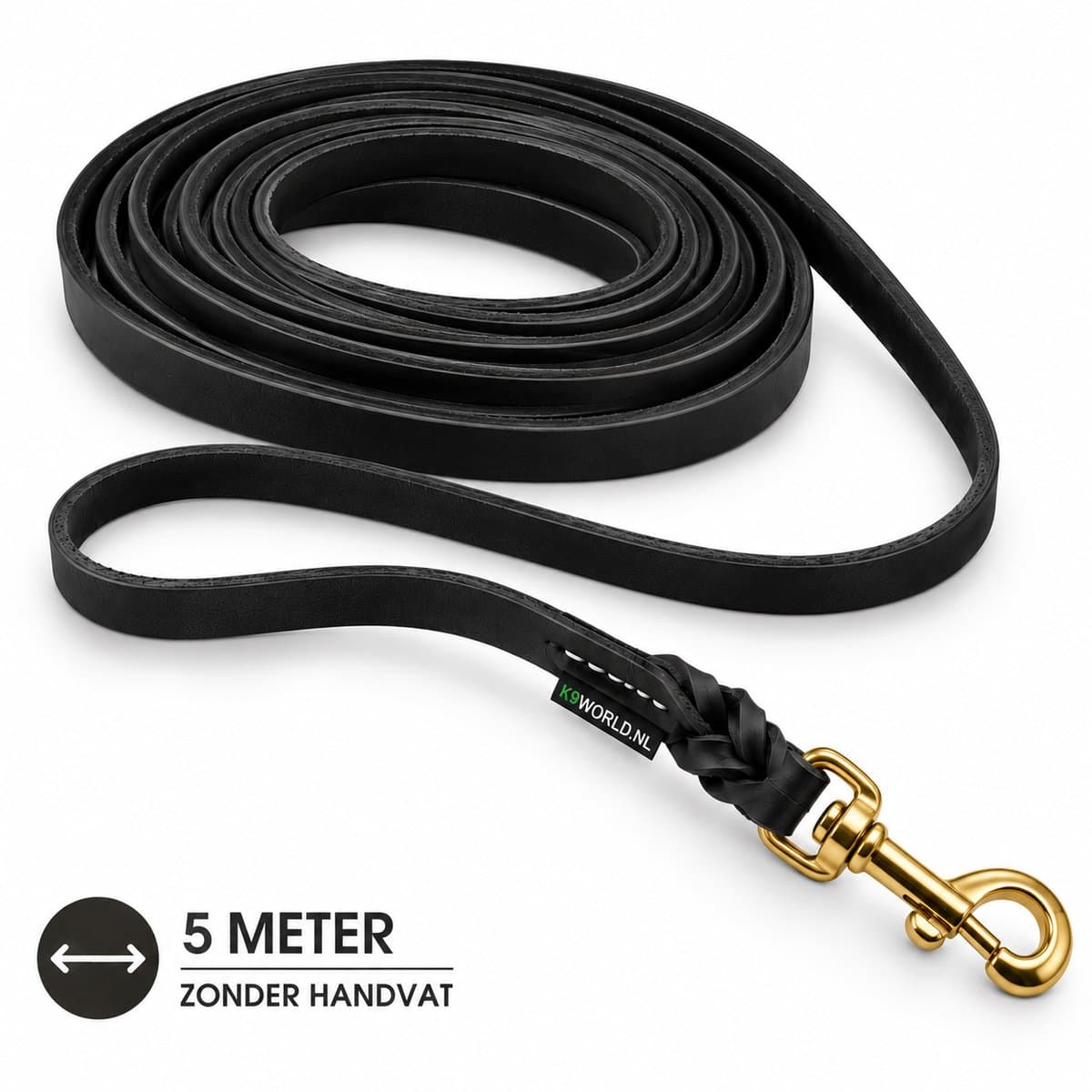 K9 World, honden riem, speur lijn, zwart leder, zonder handvat, 12 mm breed, 5 meter lang, messing musketon