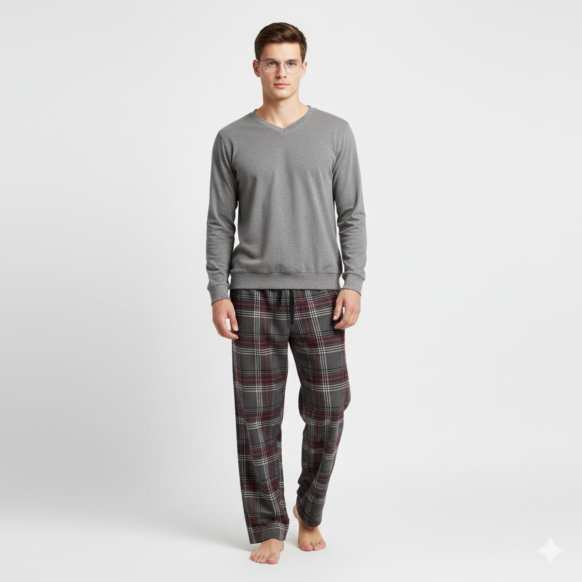 La-V pyjama sets voor heren met geruite flanel broek Grijs/ bordeaux rood M