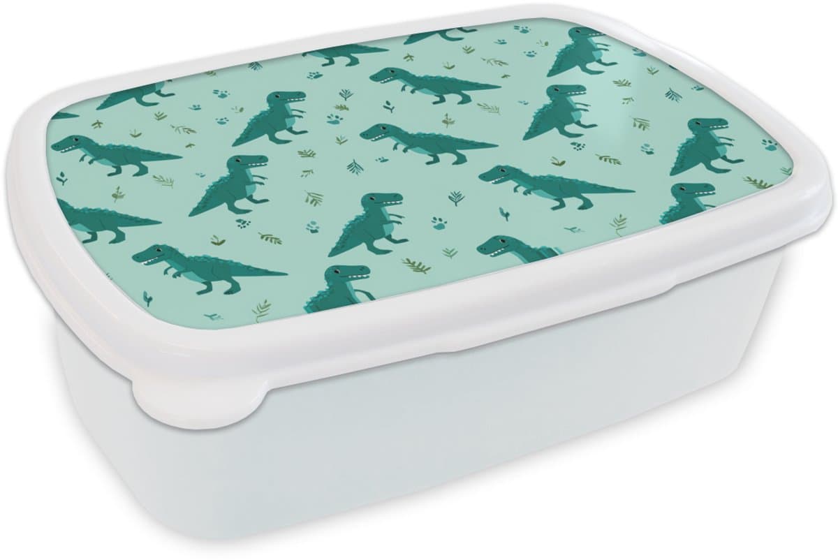 Broodtrommel Wit - Lunchbox Donkergroen - Dinosaurussen - Afdrukken - Bladeren - Brooddoos 18x12x6 cm - Brood lunch box - Broodtrommels voor kinderen en volwassenen