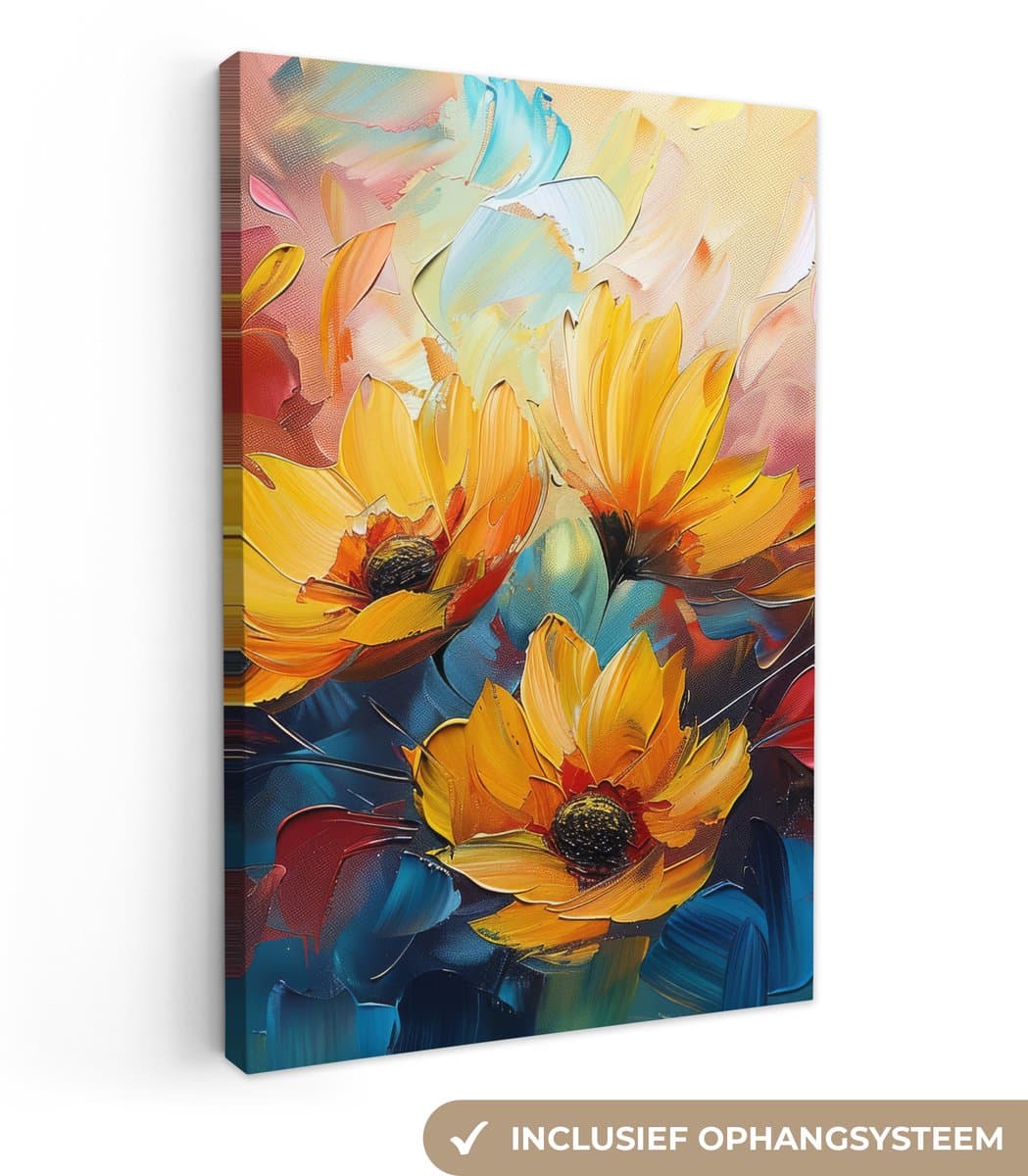 Canvas schilderij 40x60 cm - Wanddecoratie Bloemen - Zonnebloemen - Kunst - Geel - Muurdecoratie woonkamer - Kamer decoratie modern - Abstracte schilderijen