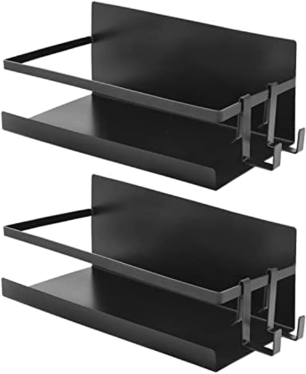PromoHome Magnetisch Keukenrek Set van 2 Opbergplanken met 4 Haken - Ruimtebesparende Kruidenorganizer voor Koelkast - Zwart Gegalvaniseerd Staal - Eenvoudige Montage Zonder Gereedschap