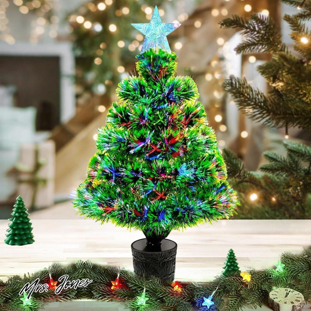 Mrs. Jones 55cm Mini Kunstmatige Kerstboom Glasvezel Pre-Verlichte Tafelblad Kerstboom met Lichtjes Kleine Desktop Kerstboom met Boomtopper RGB Verlichting voor Tafel Vakantie Decoratie .