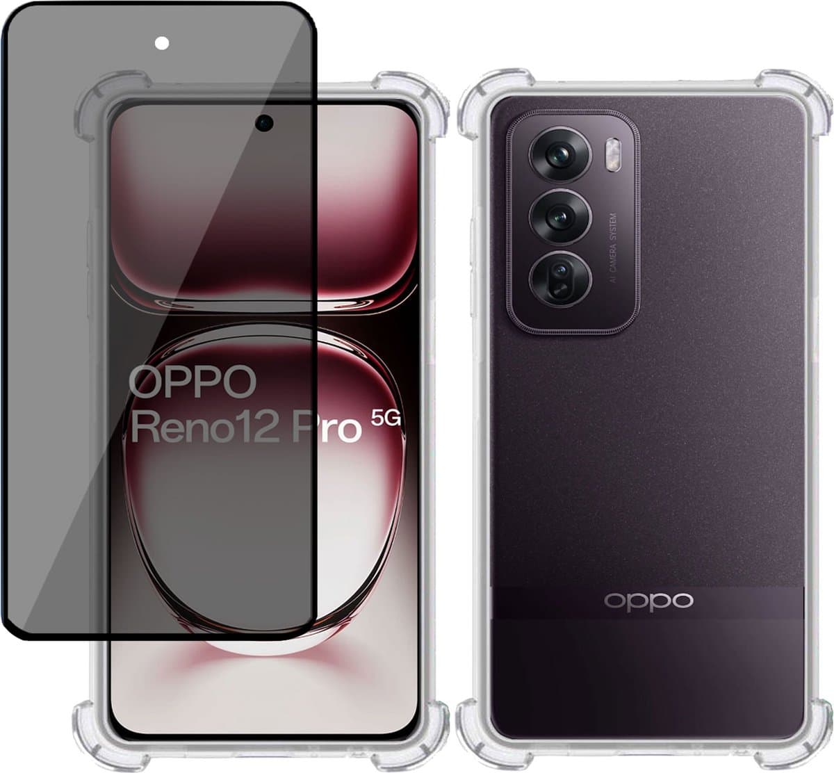 Hoesje + Privé Screenprotector geschikt voor OPPO Reno 12 Pro – Privacy Tempered Glass - Case Transparant