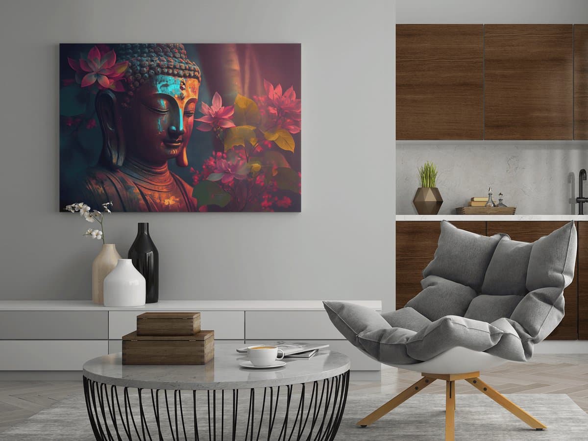 Canvas Schilderij - Boeddha met Bloemen - 120x80x2 cm