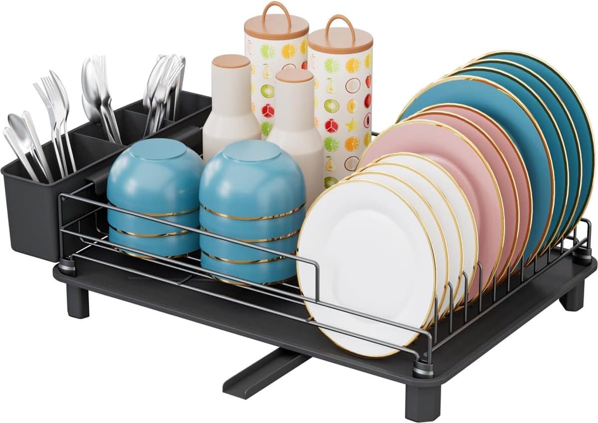 JGS ® Ruime En Roestvrij Keuken Droogrek Met Verstelbare Afvoerbuis En Bestekhouder