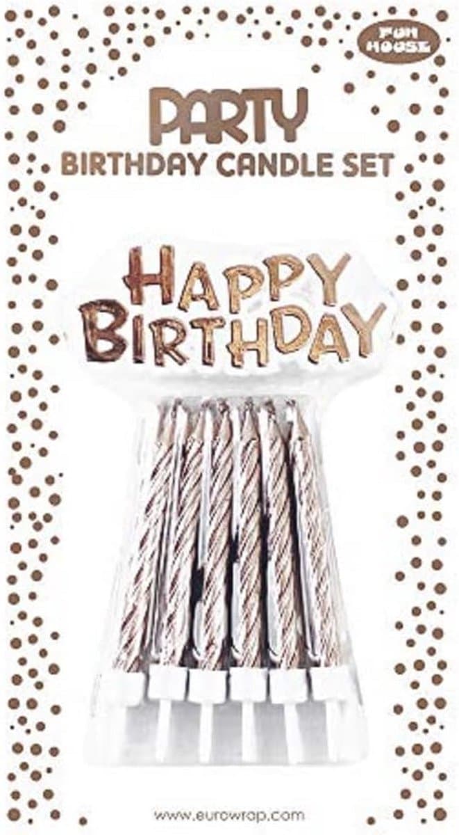 Set van 12 kaarsen met theelichthouders en 'Happy Birthday' houder in roségoud