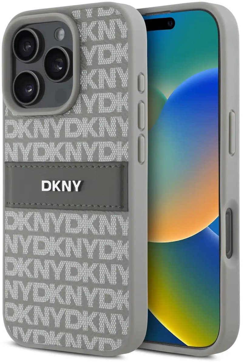 DKNY - Backcover iPhone 16 Pro Max - PU Leer Repeat Pattern Tonal Stripe - Beige