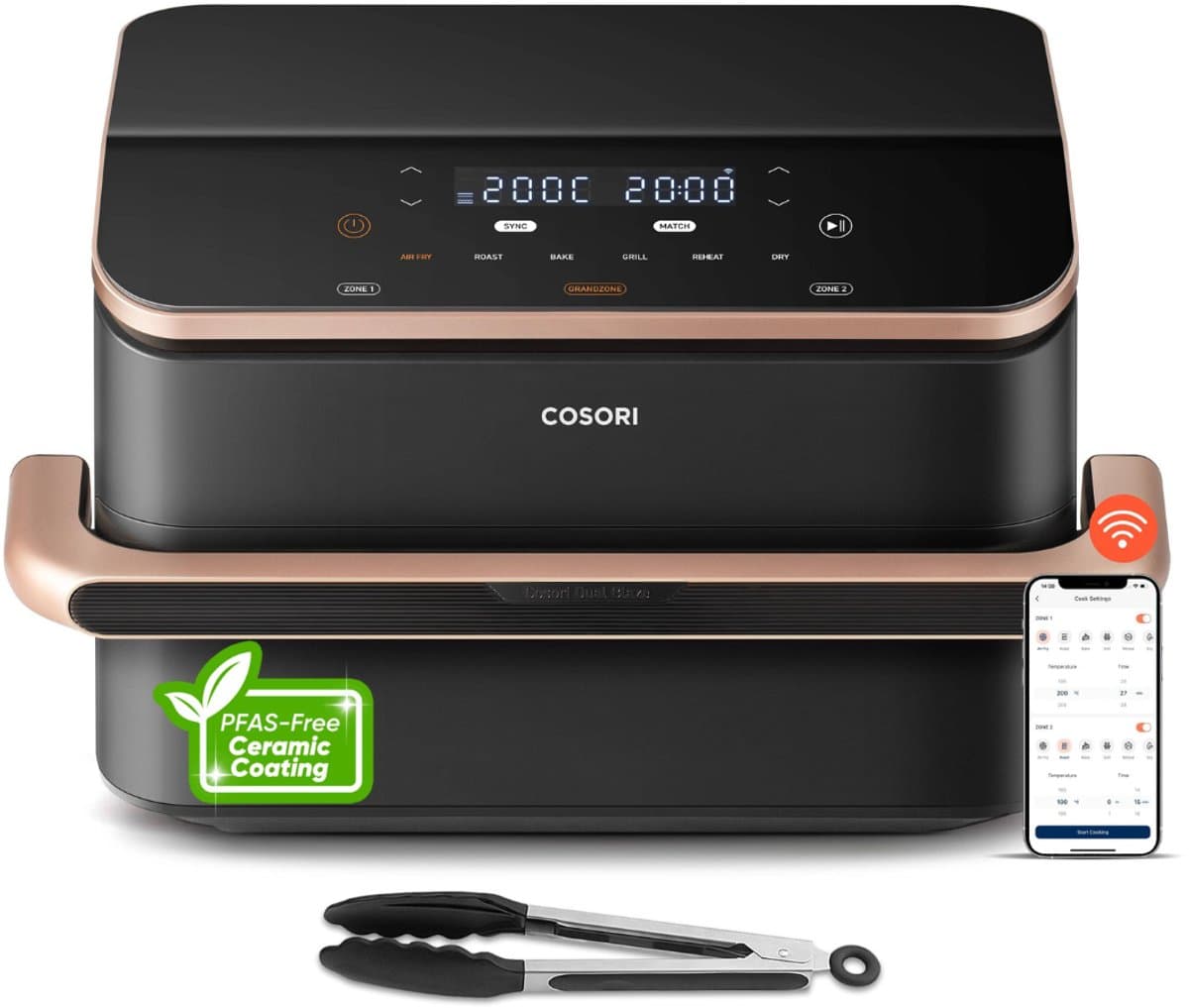 Cosori Dual Blaze Twinfry 10L Slimme Airfryer - Dual Blaze-technologie - Omzetbare zones 10L/5L+5L - 8-in-1-functies - VeSync-app-bediening