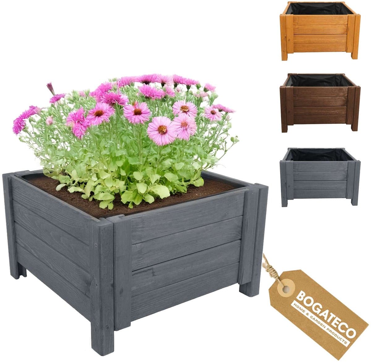 BOGATECO Houten Plantenbak 60 x 60 x 30 cm - Inclusief Agro-Textiel - Weerbestendig & Geïmpregneerd - Bloembak voor Tuin & Balkon - Antraciet