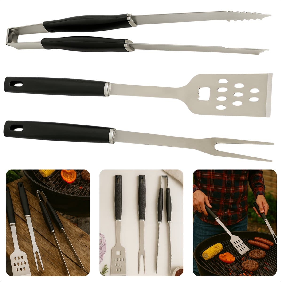 Cheqo® BBQ Gereedschap Set 3-Delig RVS – Barbecue Accessoires Vork Spatel Tang – Roestvrijstalen BBQ Tools – Grill Gereedschap – Barbecue Set – BBQ Essentials – Gereedschap voor Barbecue – RVS BBQ Kit – Barbecue Tools