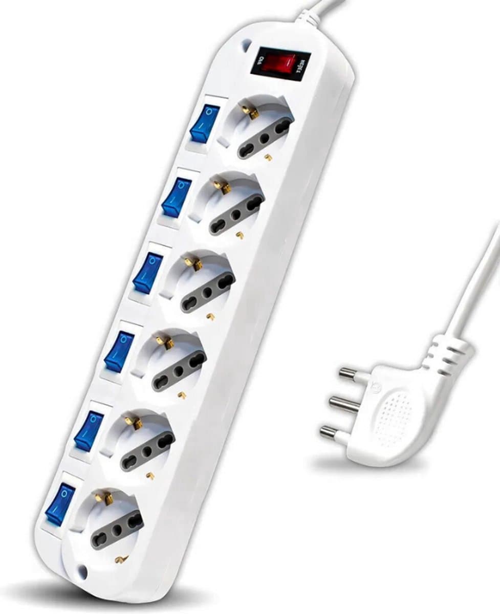 Thuys – Stekkerdoos Met Onafhankelijke Schakelaars – 6 Stopcontacten 10/16A Bypass + Schuko 16A – Wit