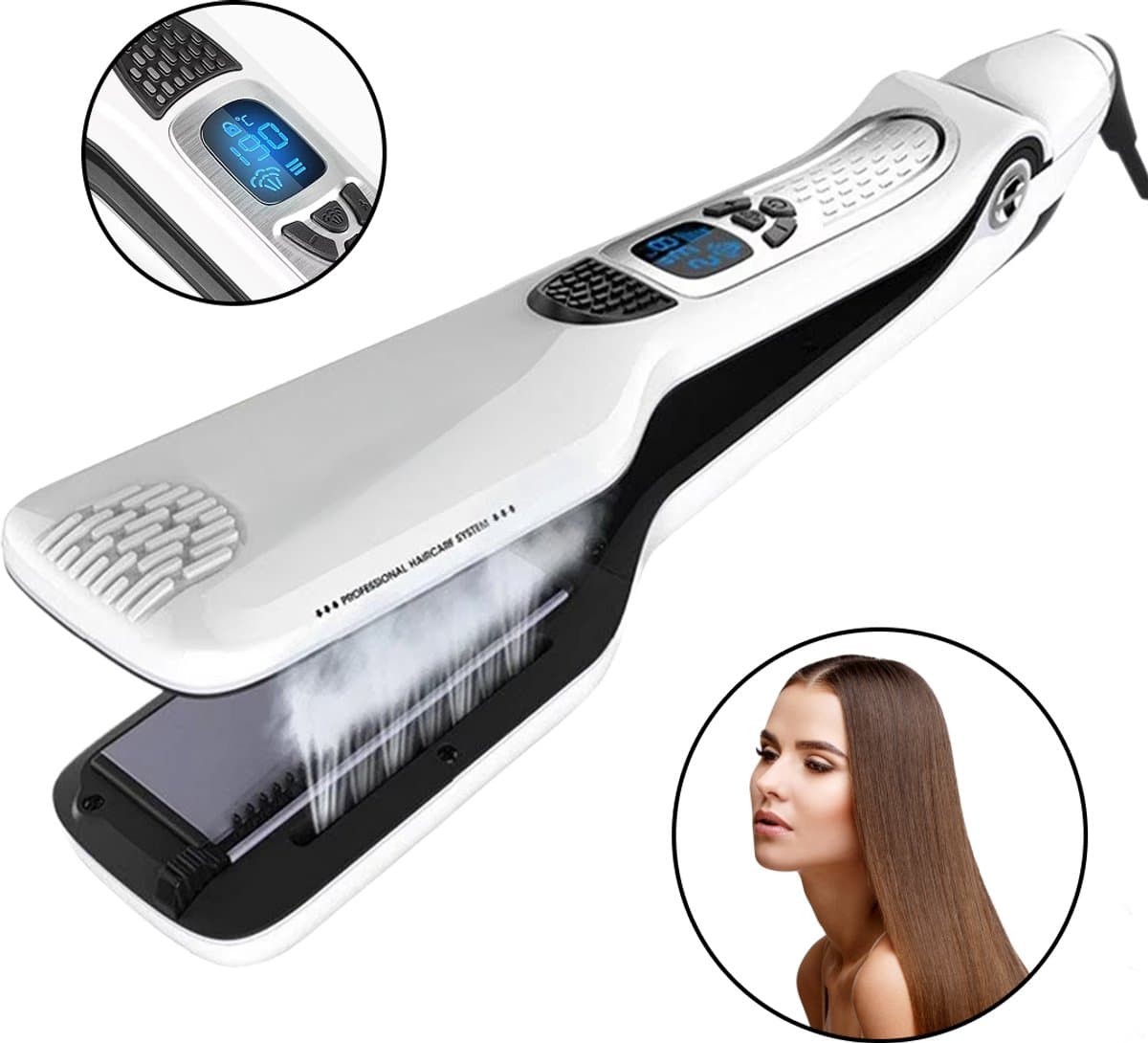 BALORS® Professionele Stoom Stijltang 5 in 1 - 150º t/m 230ºC - Steam Active Care - Hairstraightener - Stijltangen - Krultang - Coldshot - Haardroger - Wet-to-dry - Snel opgewarmd - Stoomtechnologie - Wit