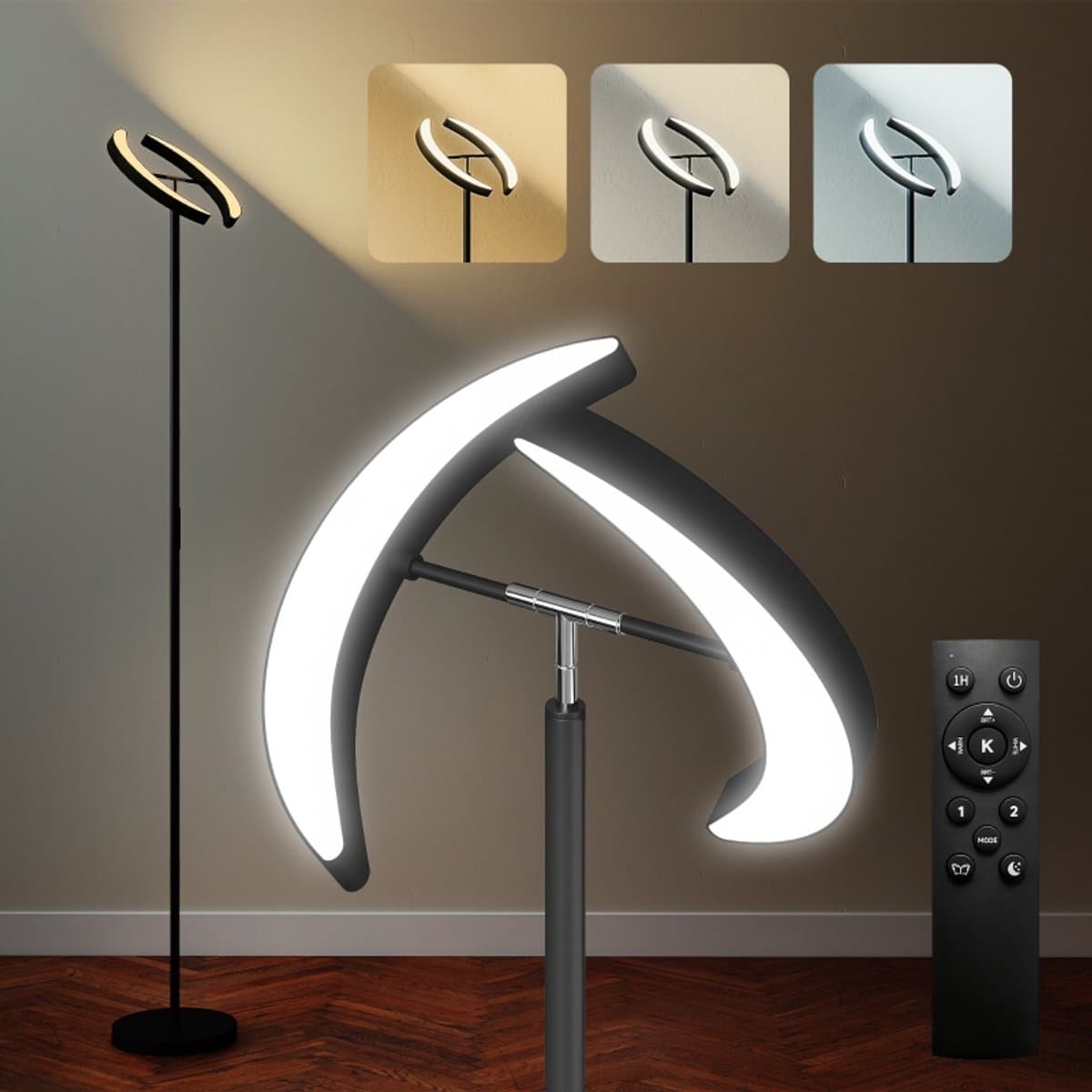 Vloerlamp‑dimbaar‑dubbele kop‑350° roteerbaar‑afstandsbediening‑2700‑6000k‑zwart