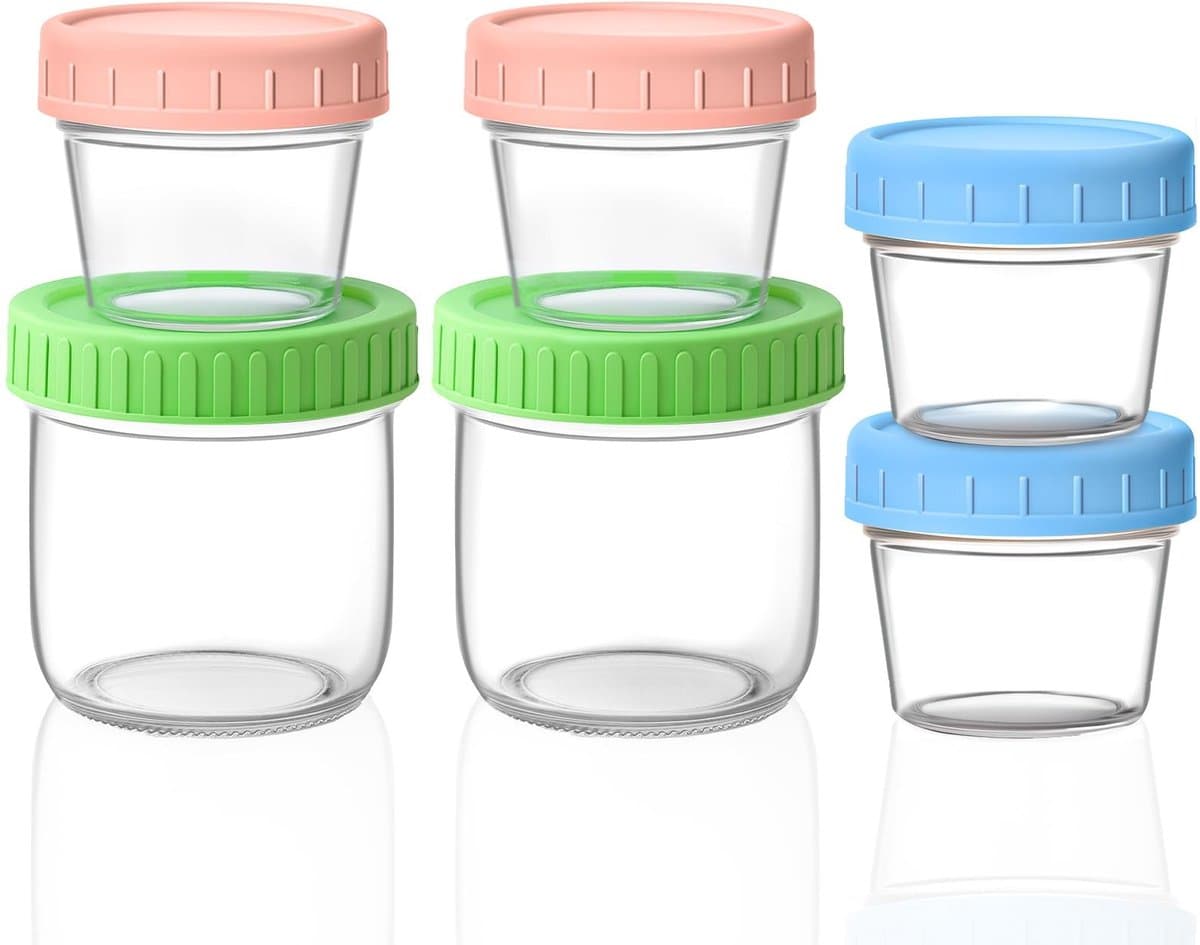 Omgoods - Set van 6 Luchtdichte Glazen Potten voor Babyvoeding - 300ml en 100ml