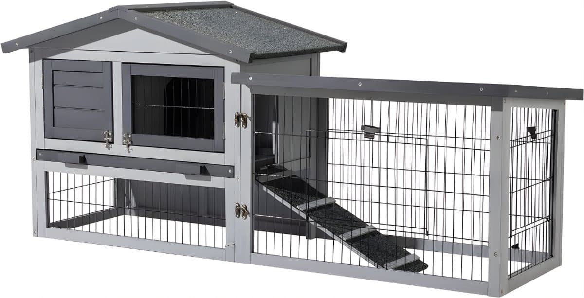 KIRA® Kippenhok Met Ren - 2 Niveaus - Kippenren - Kippenhok - Grijs - ‎144cm x 53cm x 69cm
