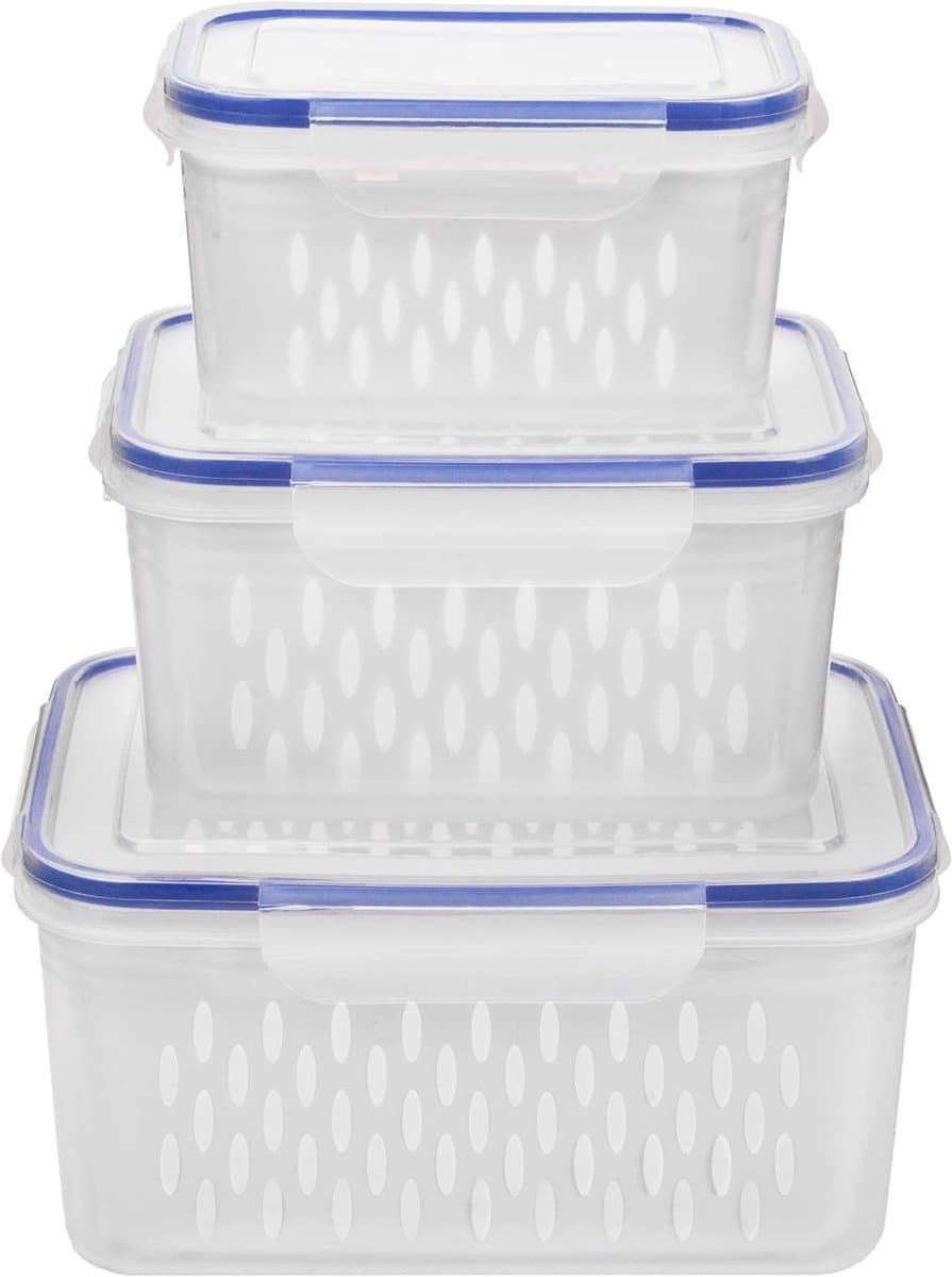 Koelkast Opslagcontainers - Voedselbewaring Bakjes - Koelkast Organiseren - Met Afvoermand - 3.3 Liter - Blauw