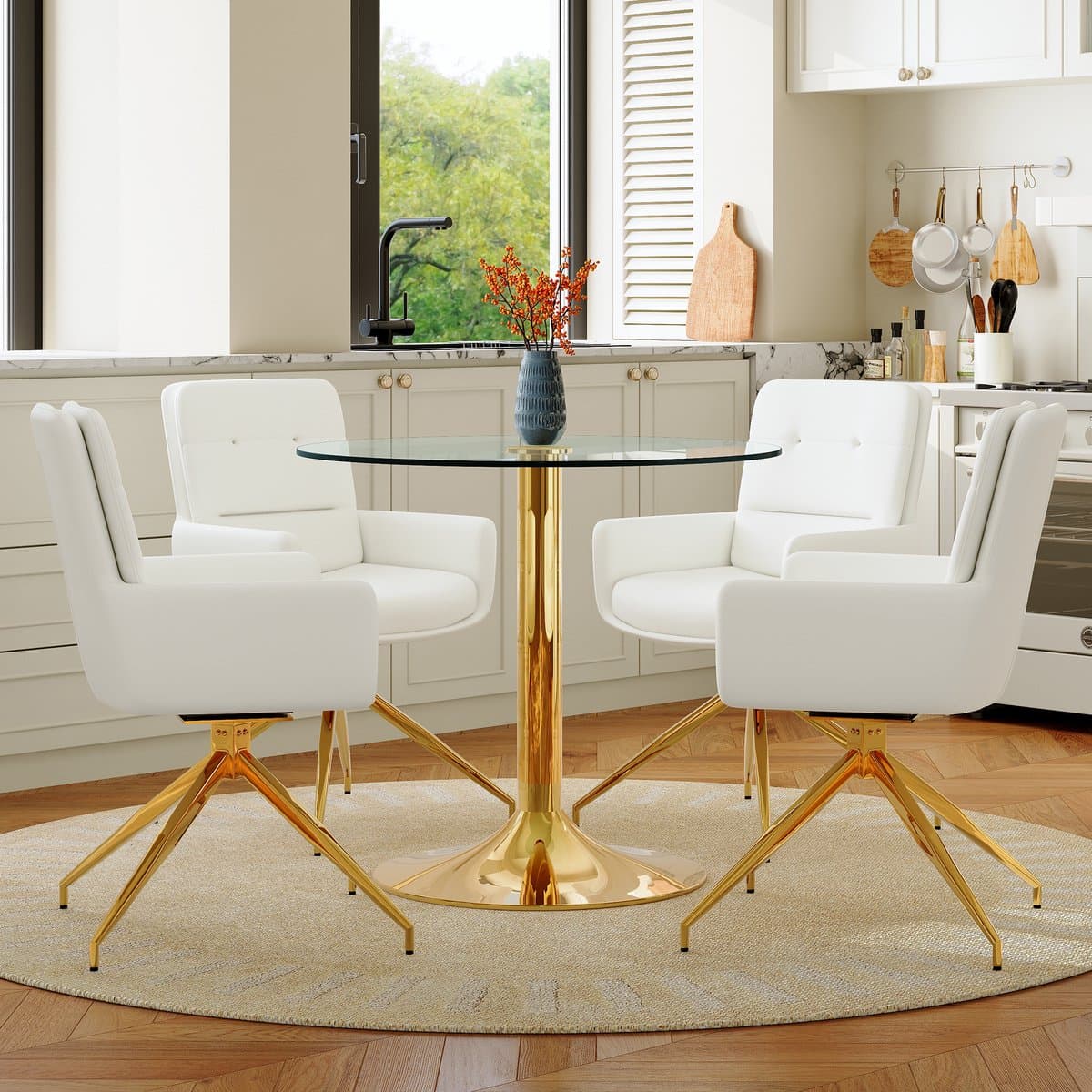 OKWISH Eethoek 85 Cm - Ronde Glazen Tafel Met 4 Draaibare Eetkamerstoelen - Eetkamer - Glas Metaal En PU - Wit Goud