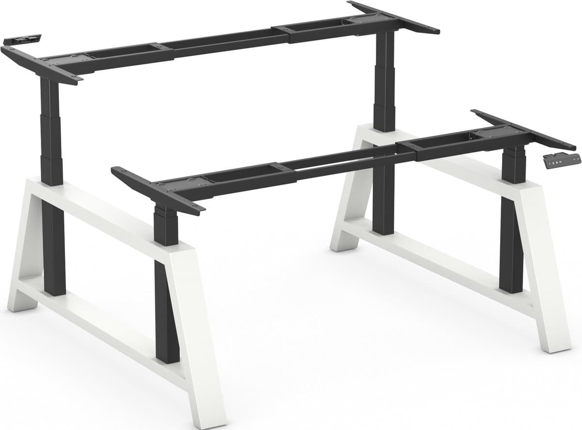Worktrainer - OakDesk Dubbel Zit Sta Bureau - Hoogte 73,5 - 137,5 cm - Breedte 107,5 - 180 cm - Zwart/Wit - Linak DPG Memory Bediening - In Hoogte Verstelbaar Bureau Duo Onderstel - Elektrisch Frame