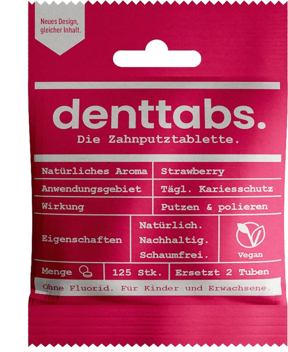 Denttabs tandpastatabletten met aardbeiensmaak - zonder fluor- 125 stuks - vegan - plasticvrij