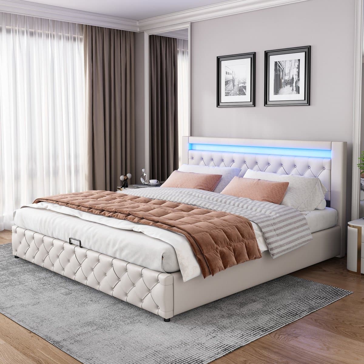 Sweiko Gestoffeerd bed - 180 x 200 cm bed - LED verlichting - opbergfunctie - PU materiaal - Wit