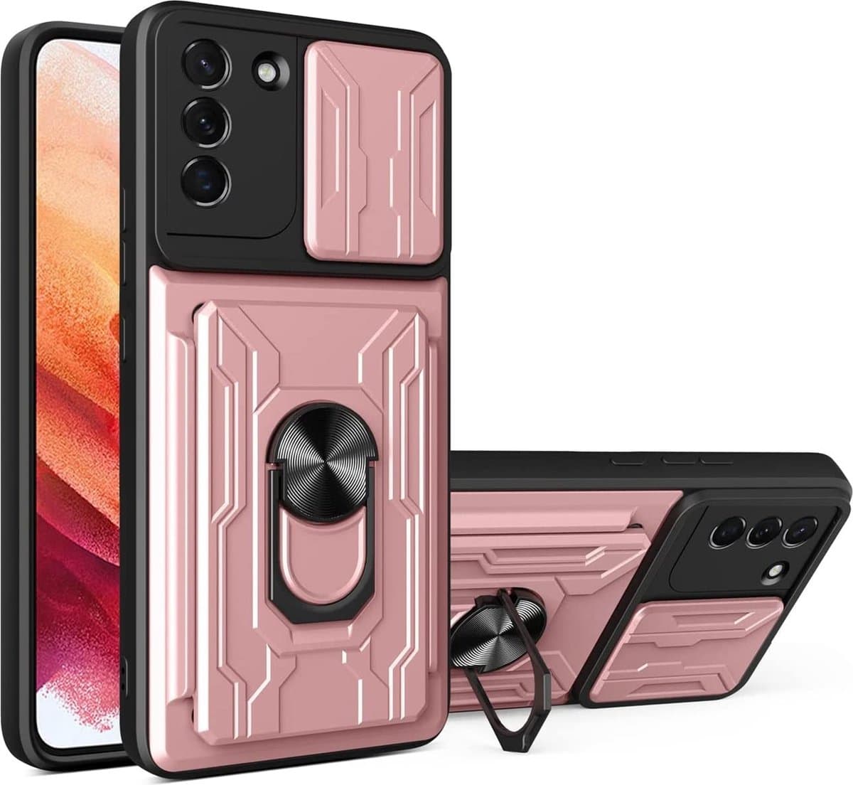 Hoesje Geschikt Voor Samsung Galaxy S21 Plus hoesje met pashouder - camera bescherming cover en ring houder – Rosegoud – oTronica