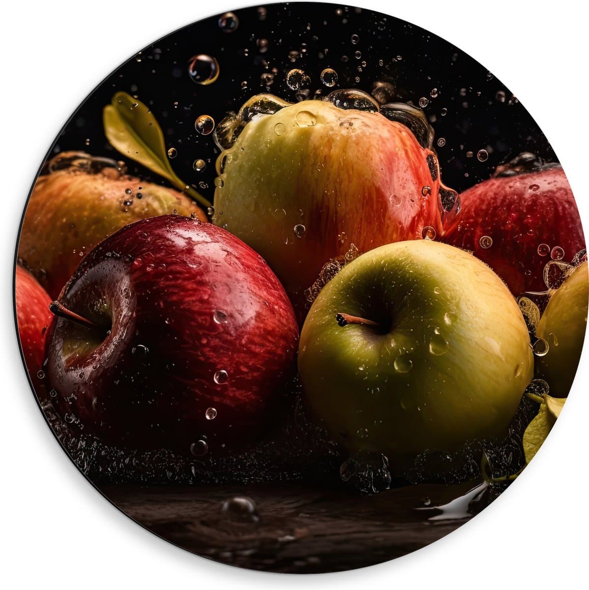 Dibond Muurcirkel - Plens Water op Appels tegen Zwarte Achtergrond - 50x50 cm Foto op Aluminium Muurcirkel (met ophangsysteem)