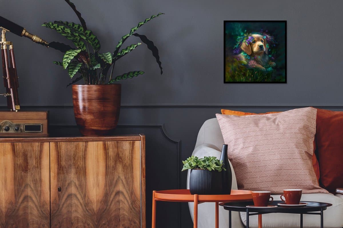 Fotolijst incl. Poster - Hond - Puppy - Bloemen - Natuur - Golden retriever - 40x40 cm - Posterlijst