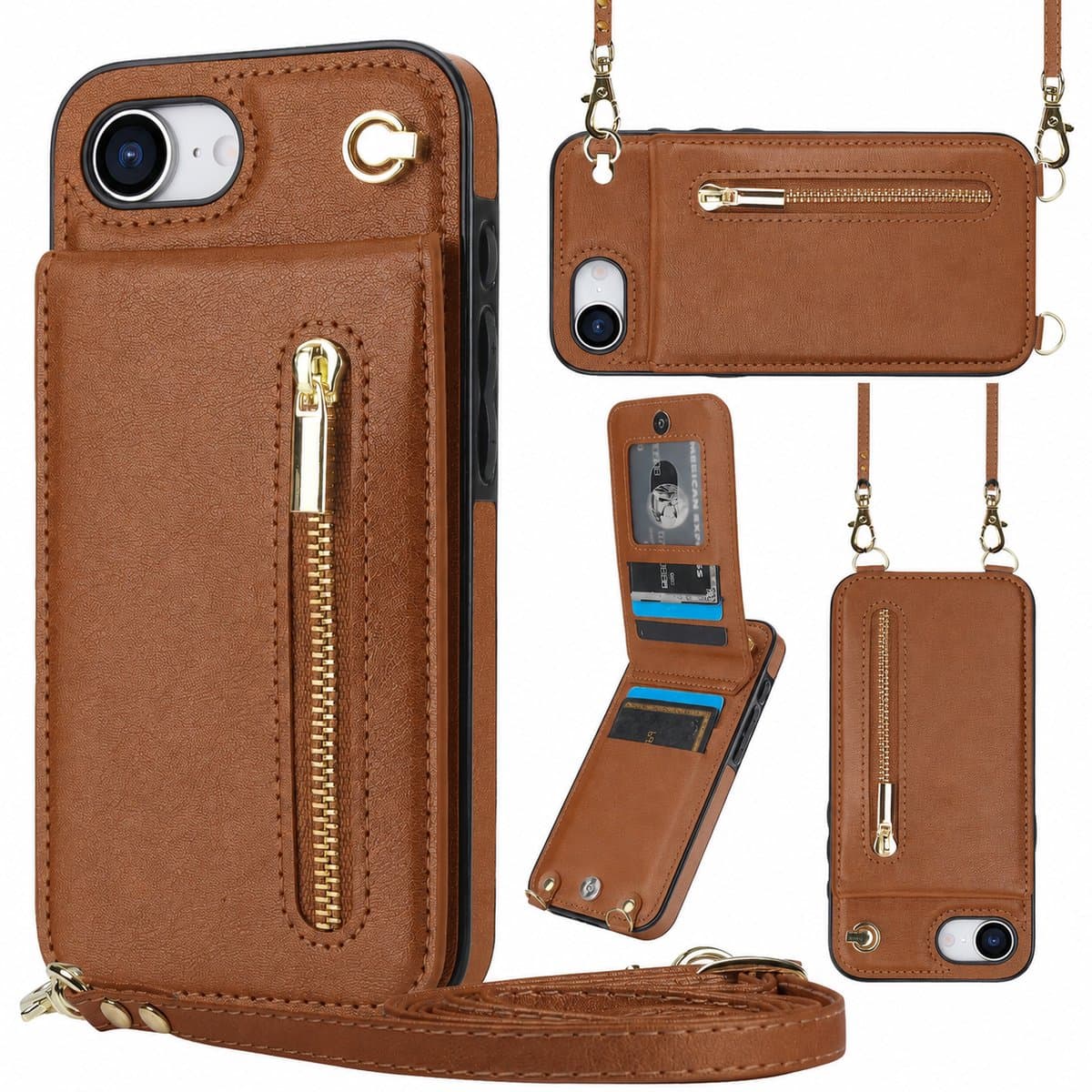 Geschikt Voor iPhone 17e / 16e Hoesje Met Koord - Solidenz Portemonnee - Telefoonhoesje Met Koord - Wallet Case - Cover Hoes Met Koordje - Backcover Met Koord - Bruin