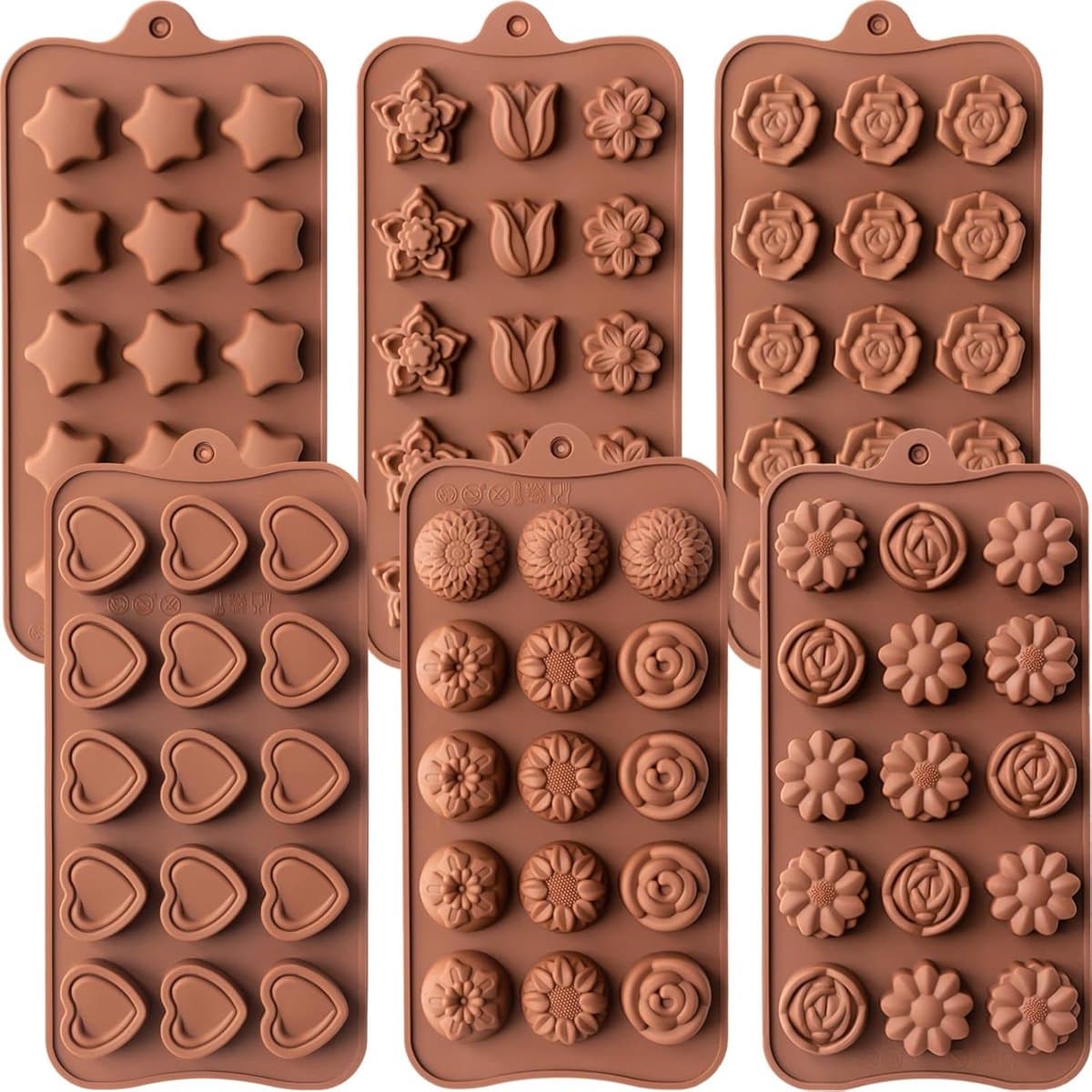 Set van 6 siliconen chocoladevormen - Snoepvormen - Voedselveilige antiaanbakvormen - Geschikt voor het maken van chocolade, snoep, gelei, boter, enz. - Bloemvormen